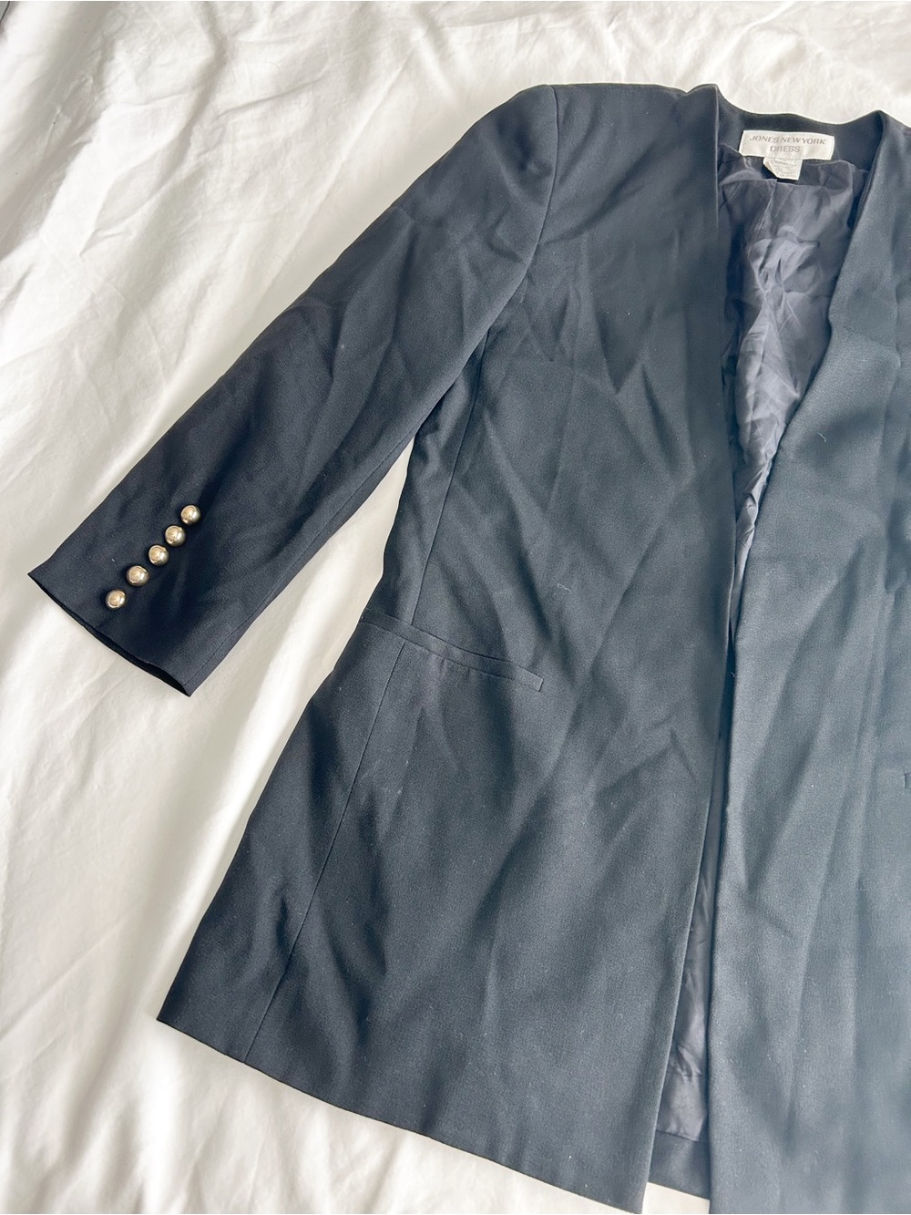 Jones New York Vintage Long Black Women's Blazer Jacket with Gold Buttons